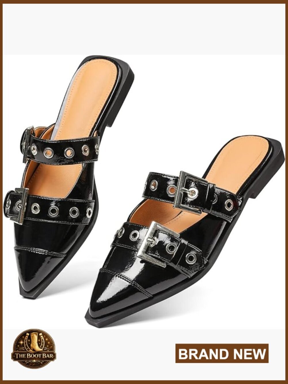 Double Buckle Pointy Toe Mules Low Block Heel Slippers Mary Jane Flats Comfort